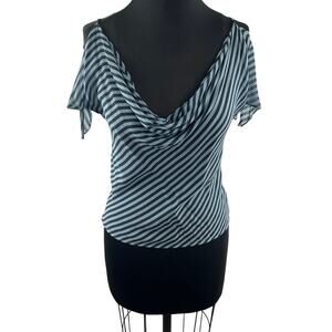 Warehouse Gray Black Crop Blouse Silk Striped Cowl Neck Cold-Shoulder Size 8